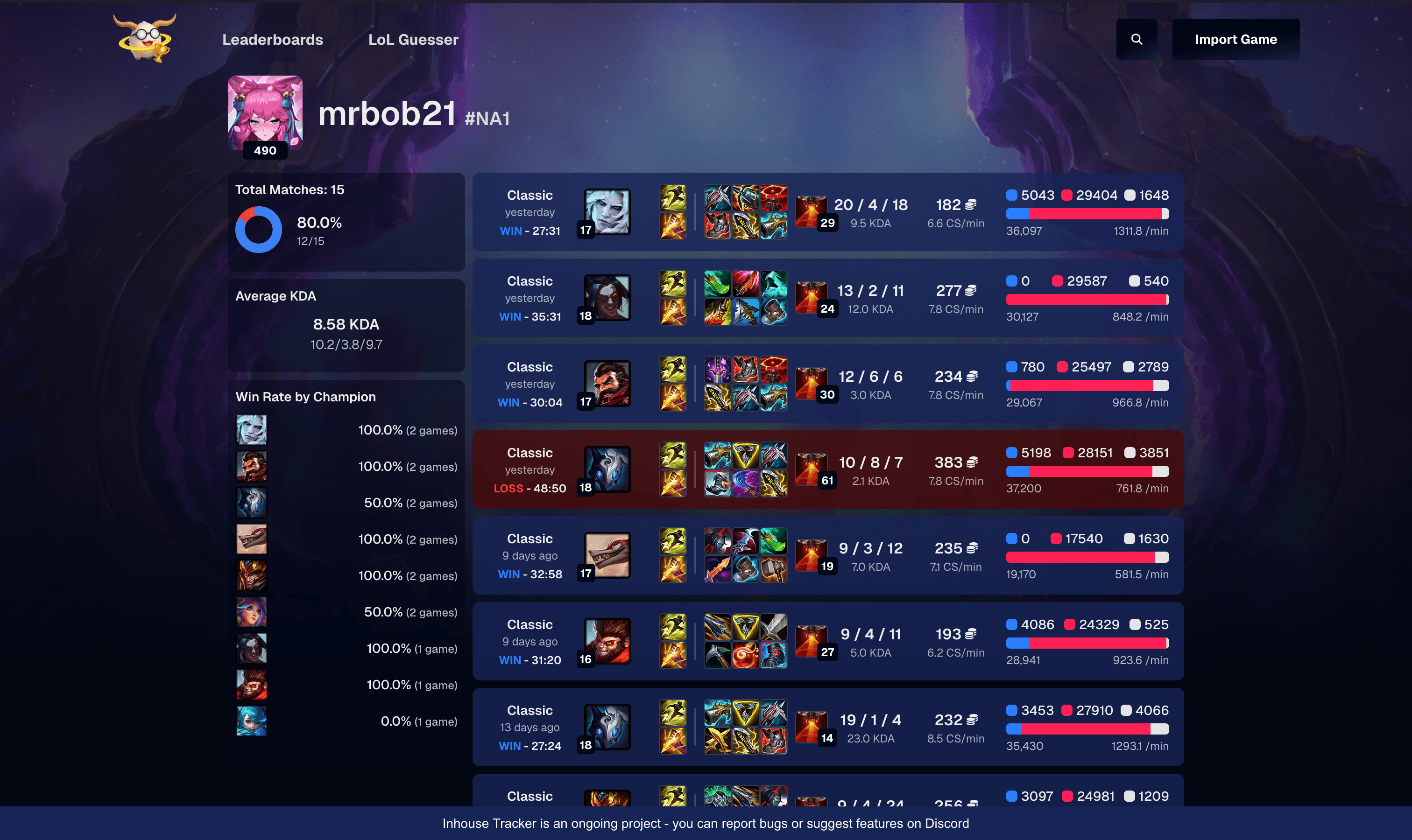 Website UI showing a players custom game match history